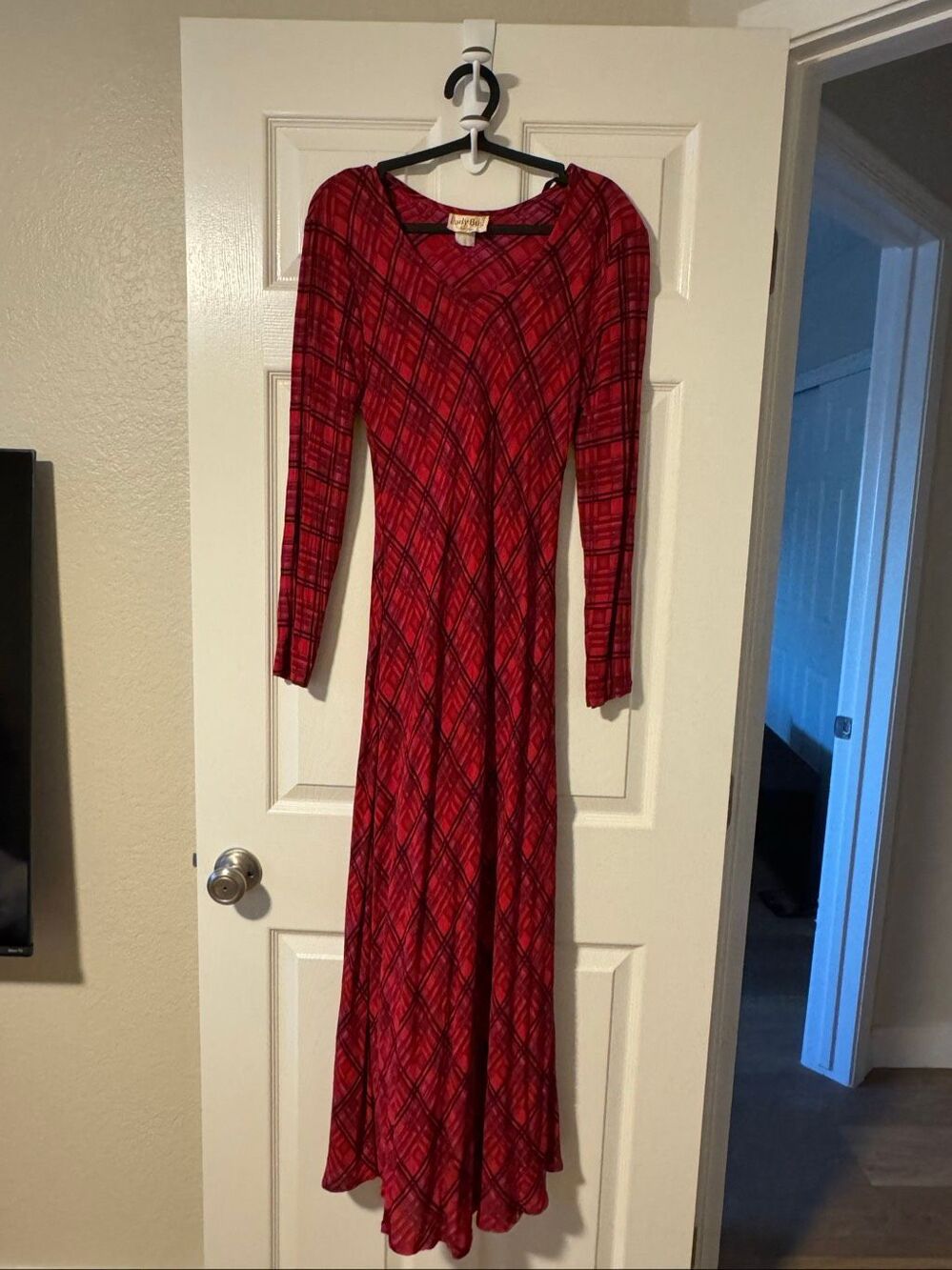 Vintage 1970s Lady Bug California Red Plaid Long Sleeve Maxi Dress 3/4